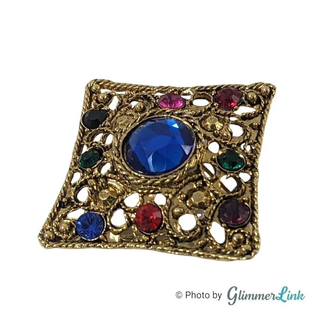 Vintage Multicolor Square Filigree Gold Tone Brooch Pin